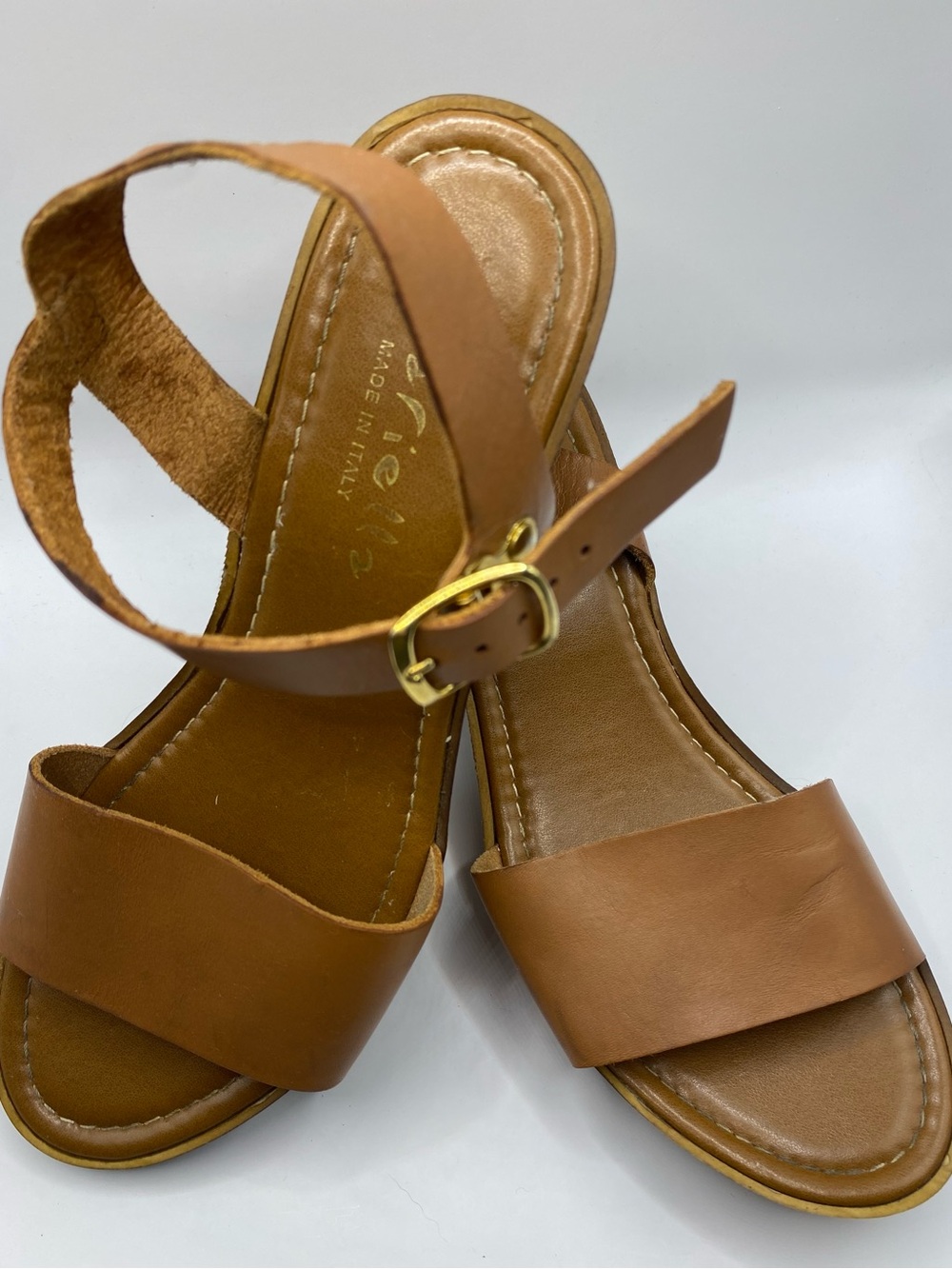 MARIELLA Italy Leather Wedge Sandals Women 8.5 Cognac Brown Platform Ankle Strap